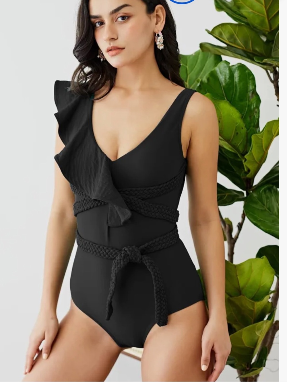 Flaxmaker One-Shoulder Black Ruffle-Detail Braided One-Piece Swimsuit